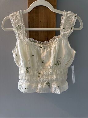 Kirious Cream Smocked Floral-Embroidered Ruffle Strap Camisole, NWTs